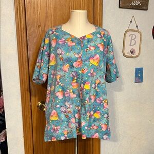 Fundamental Colorful Heart & Butterflies Print ScrubTop